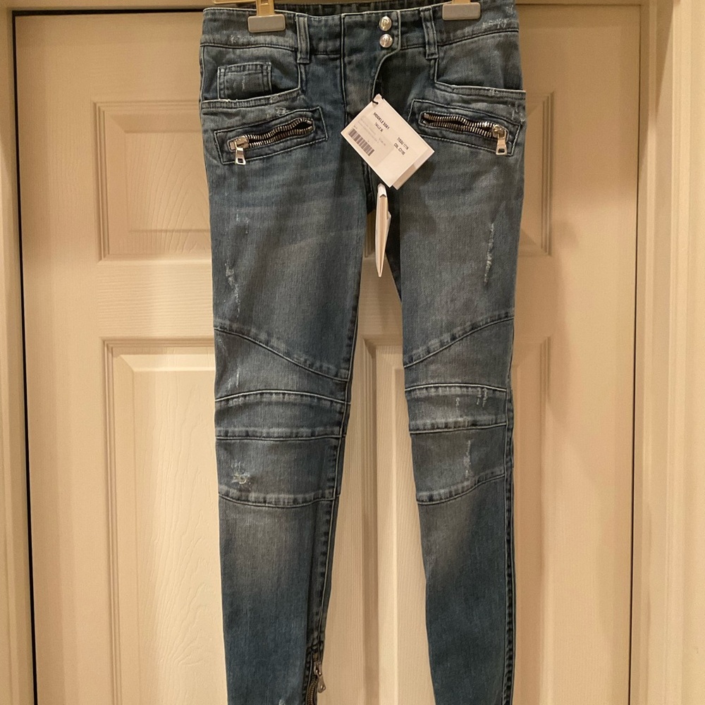 BALMAIN SKINNY BIKER JEANS MODEL 5561 SIZE 36F WORN LOOK CHUNKY ZIPPER POCKETS